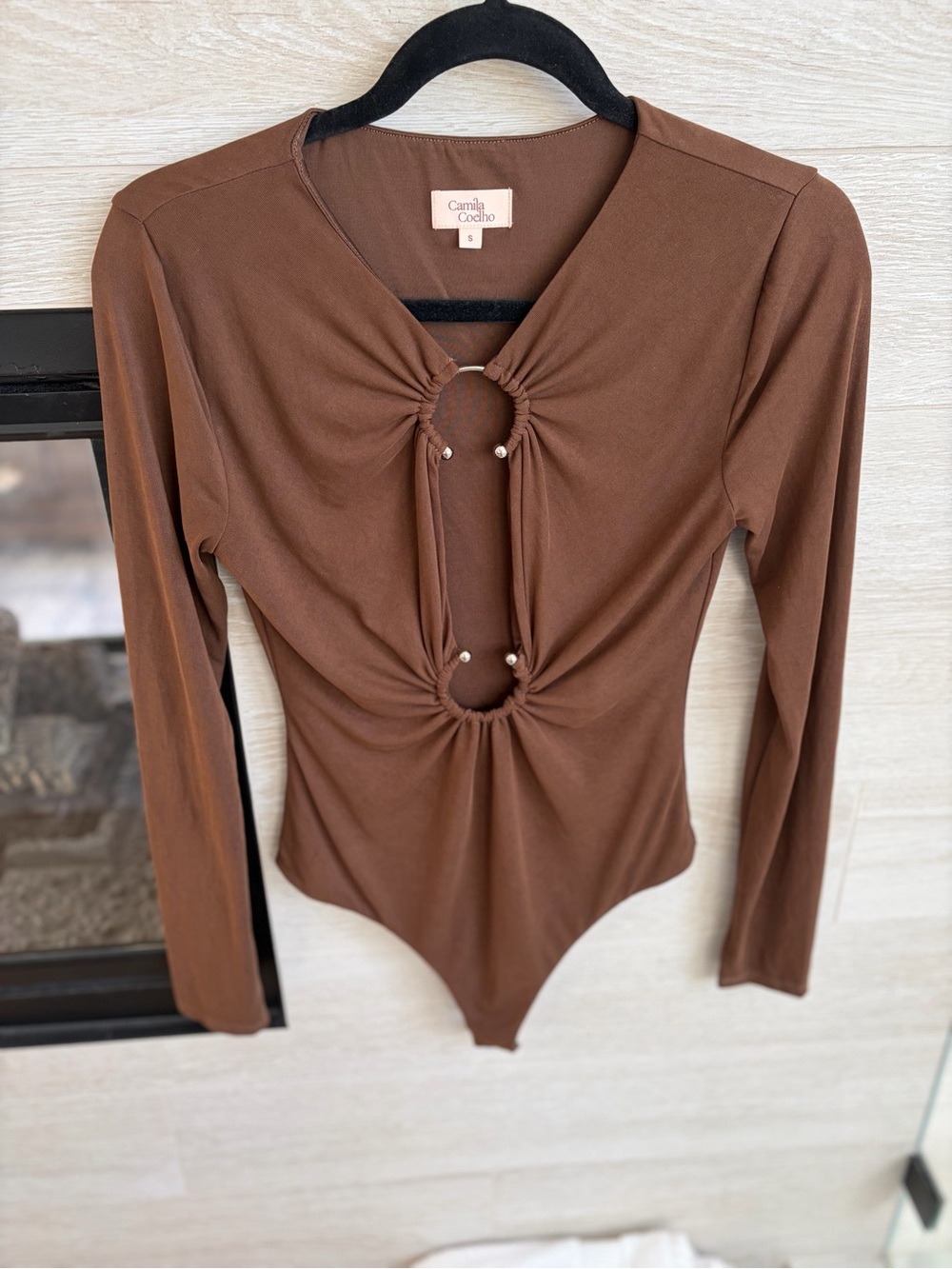Camila Coelho Chocolate Brown Long-Sleeve Ring-Front Bodysuit